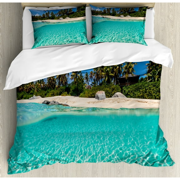 Colorful Duvet Cover Set, Tropical White Sand Beach at Caribbean Virgin Gorda Island Image, Decorative 3 Piece Bedding Set with 2 Pillow Shams, Queen Size, Cobalt Blue Aqua and Emerald, by Ambesonne