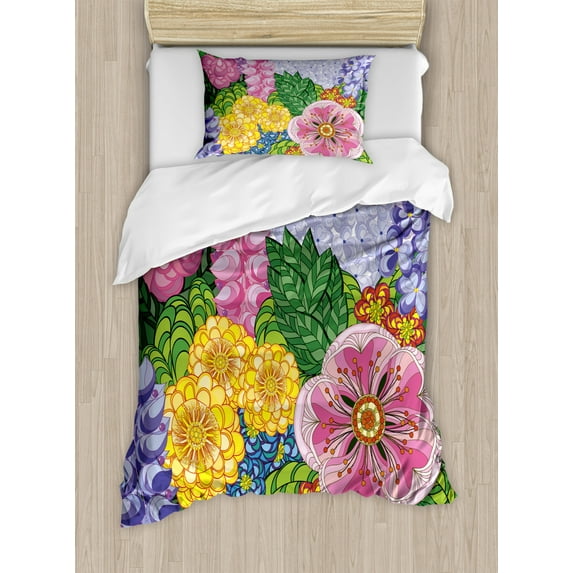 Colorful Duvet Cover Set, Nature Flower Petals Florets Vintage Romantic Buds Summer Blooms Feminine Design, Decorative 2 Piece Bedding Set with 1 Pillow Shams, Twin Size, Lilac Green, by Ambesonne