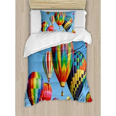 Colorful Duvet Cover Set Twin Size, Nostalgic Hot Air Balloons in Sky Flying Journey Fun Adventure Traditional Hobby Theme, Decorative 2 Piece Bedding Set with 1 Pillow Sham, Blue, by Ambesonne