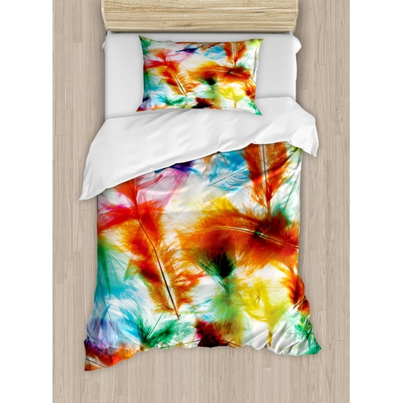 Colorful Duvet Cover Set Twin Size, Psychedelic Blurry Mix of Feathers Pure Energy of Love and Life Wing Art Icons, Decorative 2 Piece Bedding Set with 1 Pillow Sham, Multicolor, by Ambesonne