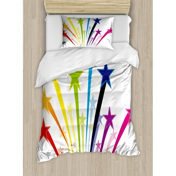 Colorful Duvet Cover Set Twin Size, Rainbow Colored Shooting Stars Illustration on Plain Backdrop Art Print, Decorative 2 Piece Bedding Set with 1 Pillow Sham, White and Multicolor, by Ambesonne