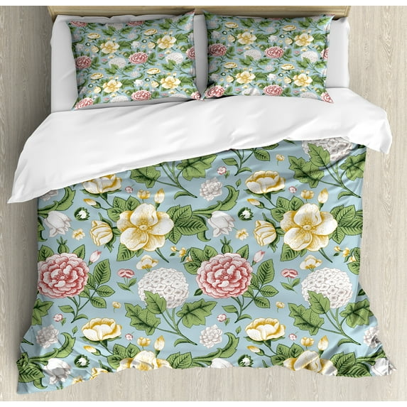 Colorful Duvet Cover Set, Vintage Style Chrysanthemum Flowers and Hoya Blooms Illustration, Decorative 3 Piece Bedding Set with 2 Pillow Shams, Calking Size, Pale Blue Grey Multicolor, by Ambesonne