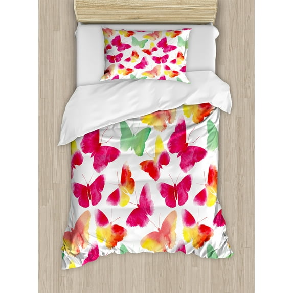 Colorful Duvet Cover Set, Watercolor Butterflies with Large Colored Wings Animal Love Paint Print, Decorative 2 Piece Bedding Set with 1 Pillow Shams, Twin Size, Fuchsia Green, by Ambesonne