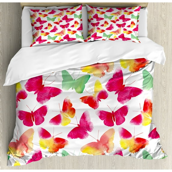 Colorful Duvet Cover Set, Watercolor Butterflies with Large Colored Wings Animal Love Paint Print, Decorative 3 Piece Bedding Set with 2 Pillow Shams, Calking Size, Fuchsia Green, by Ambesonne