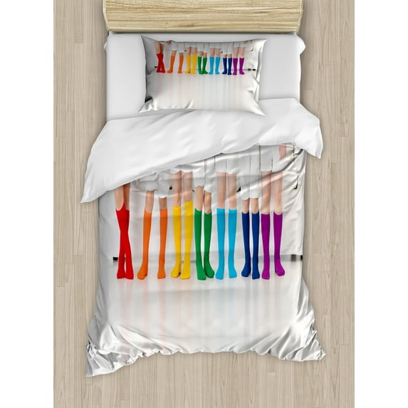 Colorful Duvet Cover Set, Wearing Rainbow Colored Socks Clothing Pattern Image Art Print, Decorative 2 Piece Bedding Set with 1 Pillow Shams, Twin Size, Pale Taupe Multicolor, by Ambesonne