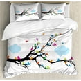 thumbnail image 1 of Colorful Duvet Cover Set, Winged Birds Sitting and Tweeting on the Leafless Winter Tree with Fluffy Clouds, Decorative 3 Piece Bedding Set with 2 Pillow Shams, King Size, Multicolor, by Ambesonne, 1 of 3