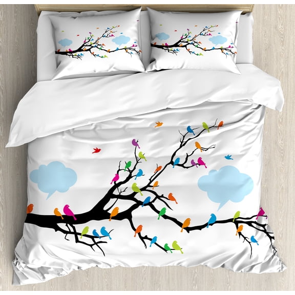 Colorful Duvet Cover Set, Winged Birds Sitting and Tweeting on the Leafless Winter Tree with Fluffy Clouds, Decorative 3 Piece Bedding Set with 2 Pillow Shams, King Size, Multicolor, by Ambesonne