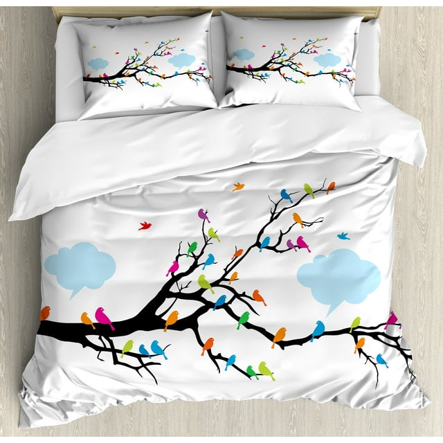 Colorful Duvet Cover Set, Winged Birds Sitting and Tweeting on the Leafless Winter Tree with Fluffy Clouds, Decorative 3 Piece Bedding Set with 2 Pillow Shams, King Size, Multicolor, by Ambesonne