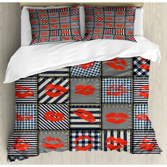 Colorful Duvet Cover Set, Woman Kiss Lipstick Forms on Striped Houndstooth Groovy Backdrop Pattern Art, Decorative 3 Piece Bedding Set with 2 Pillow Shams, Calking Size, Black and Red, by Ambesonne