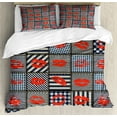thumbnail image 1 of Colorful Duvet Cover Set, Woman Kiss Lipstick Forms on Striped Houndstooth Groovy Backdrop Pattern Art, Decorative 3 Piece Bedding Set with 2 Pillow Shams, Queen Size, Black and Red, by Ambesonne, 1 of 3