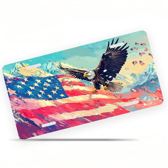 Colorful Eagle and Flag Front License Plate, Metal License Plate, Funny Standard Plates Personalized Novelty Decorative For Men/Women/Boys/Girls Car 6×12 Inch