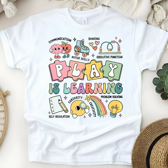 Colorful Early Learning Shirt – Play-Based Classroom T-Shirt for Teachers, White, Size S