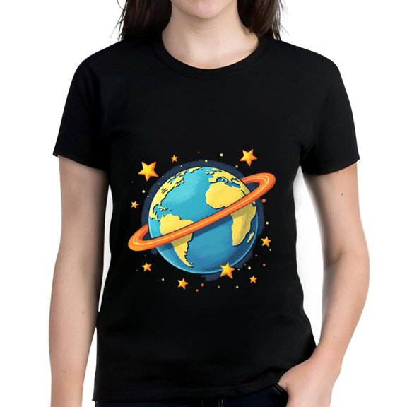 Colorful Earth Graphic Cotton Short Sleeve T-Shirt for Women - Black Tee with Starry