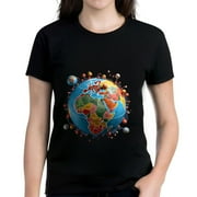 YIDUO Colorful Earth Pattern Cotton Short Sleeve T-Shirt for Women - Vibrant Globe Design with Distinct Continents and Spheres