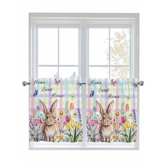 Colorful Easter 2 Panel Kitchen Curtains for Small Windows, Sprng Watercolor Bunny Tulip Flower Plaid Bathroom Tier Curtain, Short Window Treatment for Bedroom/Living Room 55"x24"