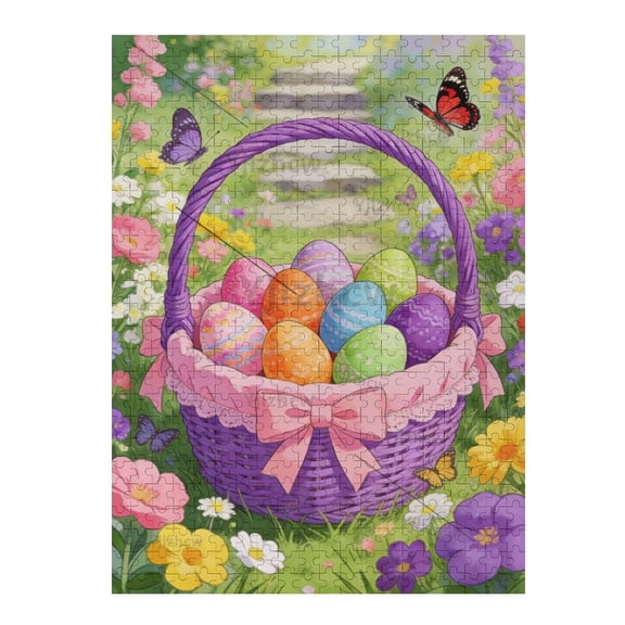 Colorful Easter Basket Patterned Eggs Outdoor Garden Wooden Jigsaw Puzzle 500 Pieces Adult Indoor Hobby Mind Stimulating Tabletop Assemble Activity Relaxing Pastime