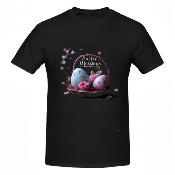 Colorful Easter Blessings T-Shirt for Women - Short Sleeve Cotton Tee with Pastel Egg Design Roses & Petals Festive Spring Style
