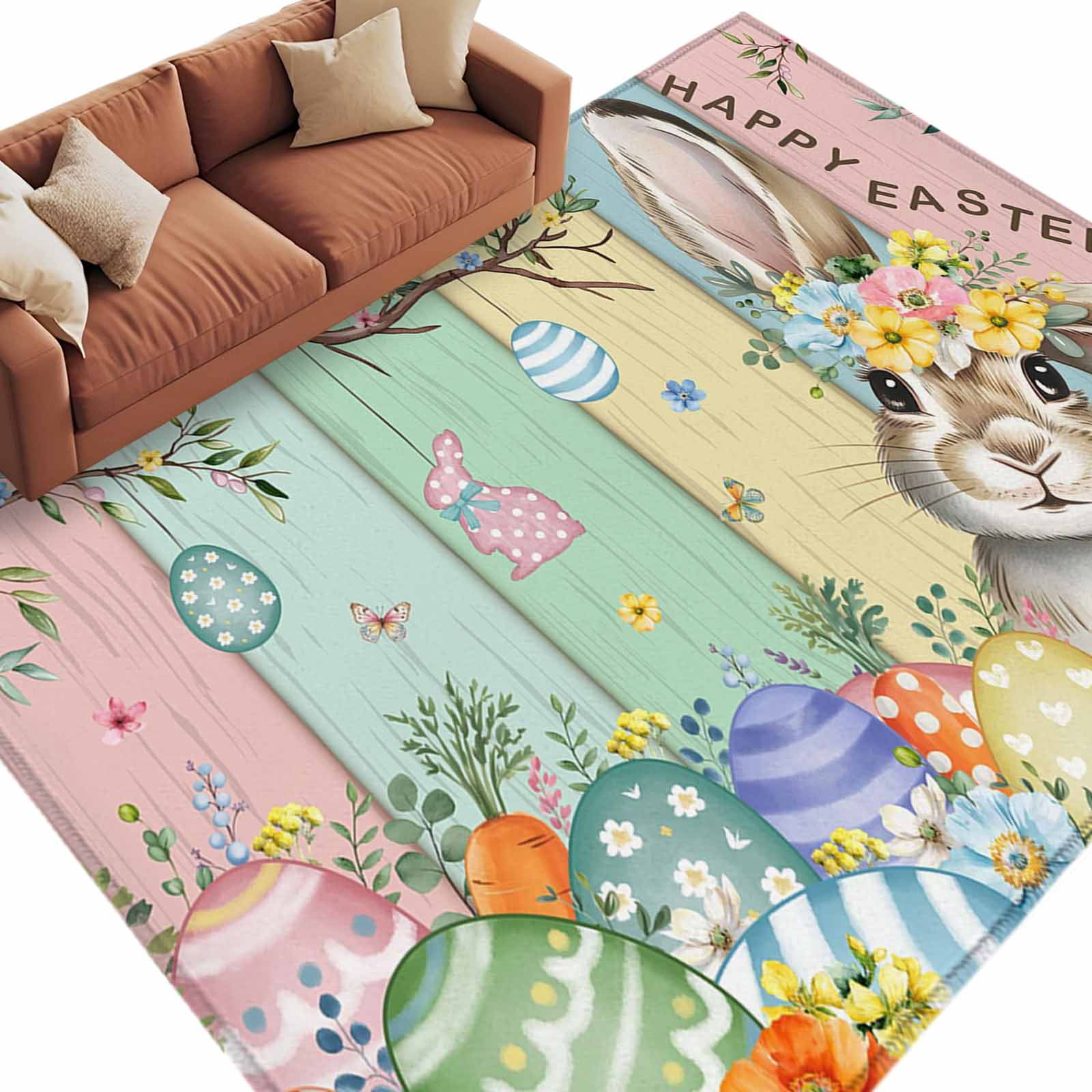 Easter Decor Rug Colorful Easter Bunny Area Rugs Collection 5'x8', Spring Easter Eggs ...