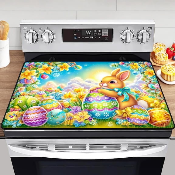 Colorful Easter Bunny Electric Stove Top Cover,Spring Garden Rabbit Heat Resistant Glass Stove Top Cover for Electric Stove – Easter Eggs Glass Cooktop Protector Expands Usable Space