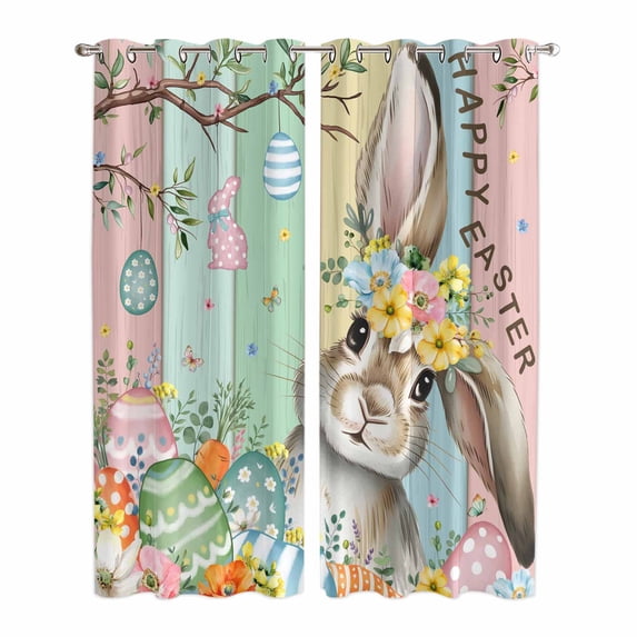 Colorful Easter Bunny Kitchen Curtains Window Panels, Spring Easter Eggs Floral Wooden Insulated Window Treatment Curtain, Grommet Curtains for Bedroom/Living Room/Bathroom, 2 Piece 42"Wx84"L