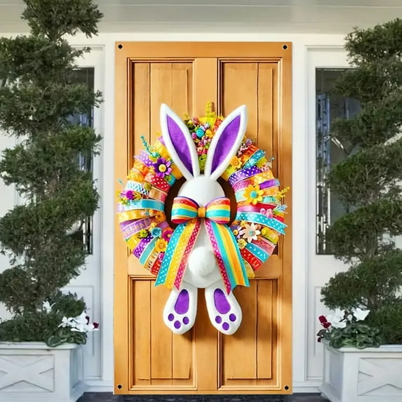 Colorful Easter Bunny Wreath Door Decor, Cute Rabbit Spring Wreath for Front Door, Festive Easter Home Wall Decorations