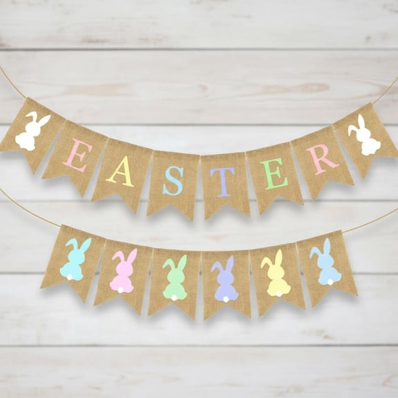 Colorful Easter Burlap Banner Bunny Bunting Garland for Mantle Fireplace Wall Party