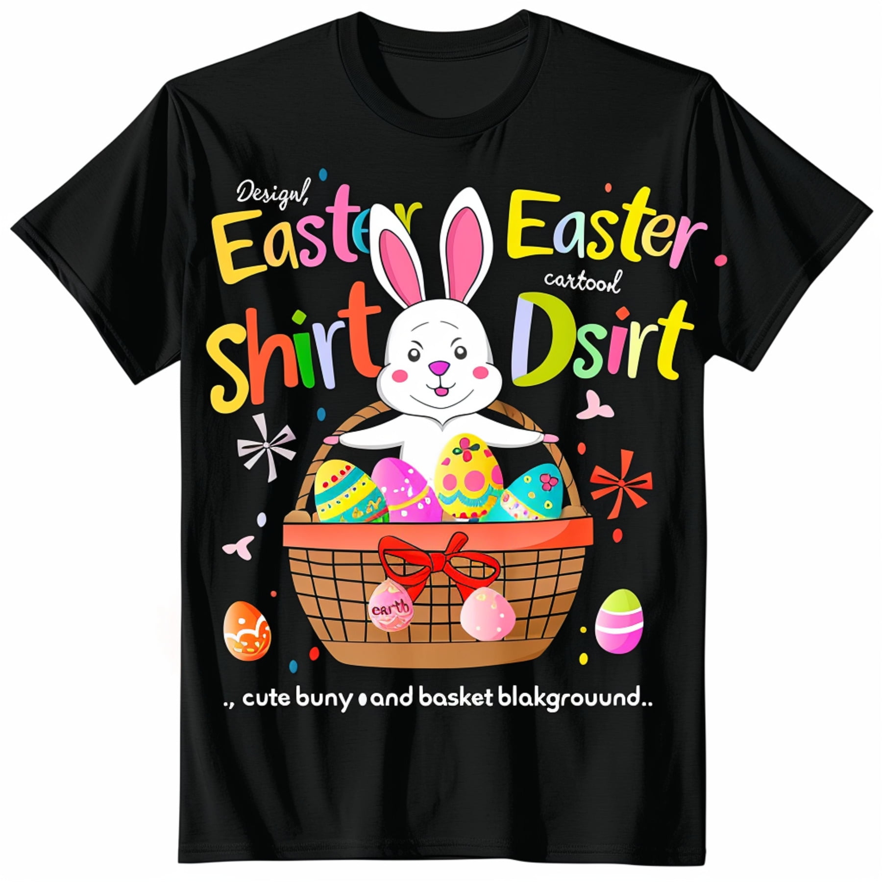 Colorful Easter Design Black T Shirt with Cute Bunny Eggs and 'HAPPY ...