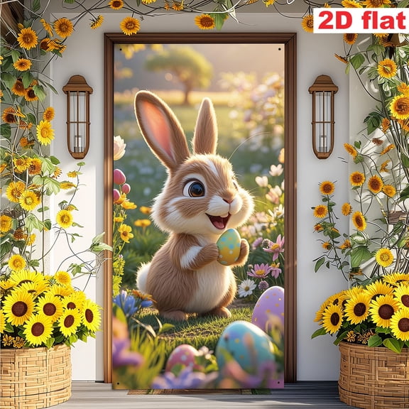 Colorful Easter Door Wreath Hanging 90x180cm, Large Spring Front Door Decoration, Reusable Polyester Holiday Decor for Indoor Outdoor Party