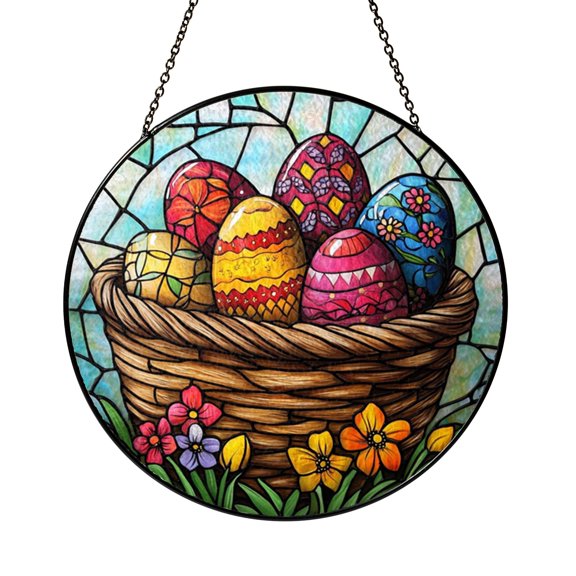 Colorful Easter Egg Basket Stained Glass Style Suncatcher Window Hanging Decor, Spring Glass Panel Art Window Ornament Seasonal Gift