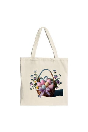 Colorful Easter Egg Basket Tote Bag - Vibrant Floral Design with Daisies & Purple Blossoms Perfect for Shopping & Parties