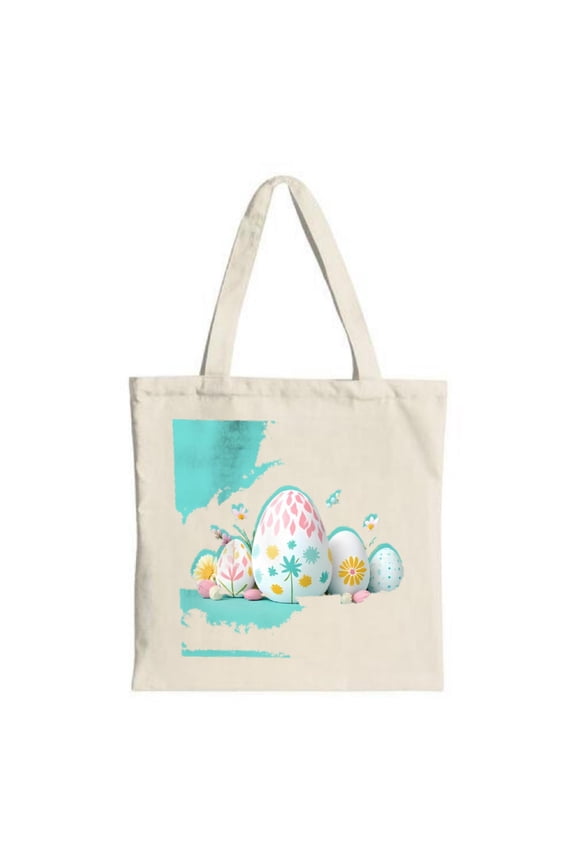 Colorful Easter Egg Design Tote Bag - Floral Patterns & Dots on Beige Canvas Perfect for Shopping Travel & Parties