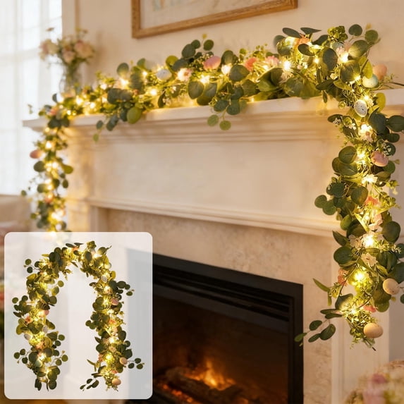 Colorful Easter Egg Garland - 67 Long Inch Spring Vine with Leaves for Door, Mantel, Wall, and Patio Decor, Indoor Outdoor Use, Garland with LED Light