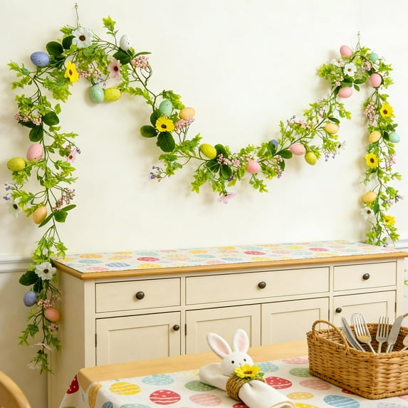 Colorful Easter Egg Garland - 69 Inch Long Spring Vine with Leaves for Door, Mantel, Wall, and Patio Decor, Indoor Outdoor Use