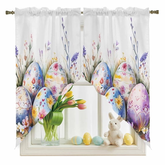 Colorful Easter Egg Swag Valance Curtains Purple Flower Rod Pocket Swag Curtains Small Window Treatments for Kitchen Bathroom Bedroom 36" W x 45" L, 2 Panels