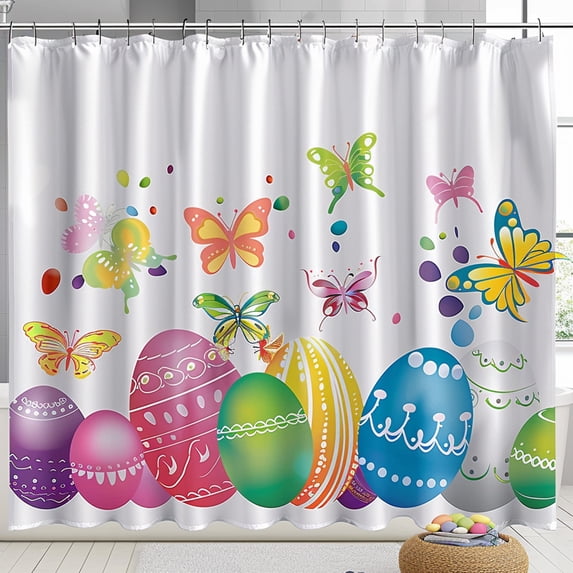 Colorful Easter Egg and Butterfly Shower Curtain Bright and Cheerful Bathroom Decor with White Background and Easter Theme Design