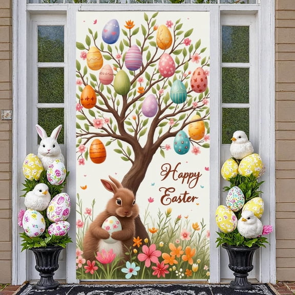Colorful Easter Eggs Easter Banner Cute Bunny Happy Easter Display Spring Flowers Hand-painted Easter Egg Backdrop for Easter Party Spring Celebration Photo Shoot