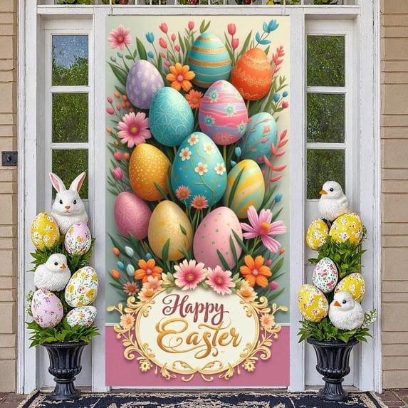 Colorful Easter Eggs Easter Banner Floral Decor Happy Easter Display Pastel Colors Bowknot Accents Easter Egg Backdrop for Easter Party Family Gathering Photo Shoot