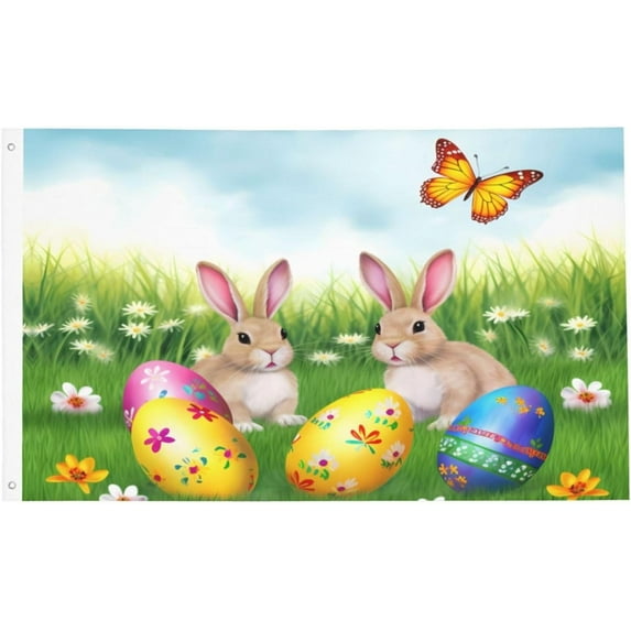 Colorful Easter Eggs Flag Double Sided Outside Large Banner, Bunny Hanging Outdoor Flags for Yard Sign Garden Lawn Holiday Party Supplies Wall Decor Home Garage, Indoor