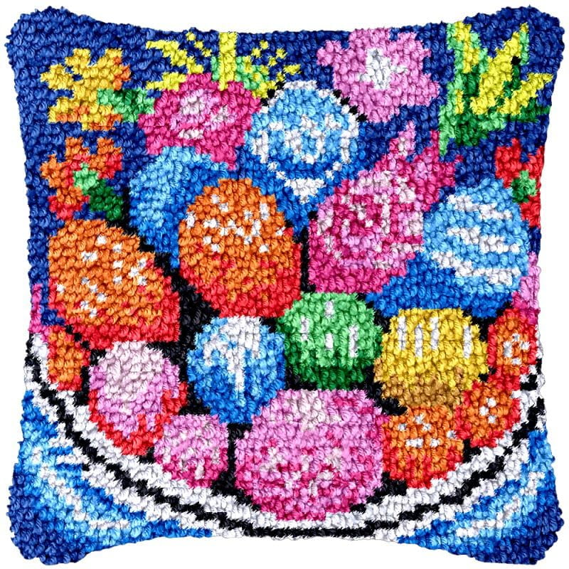 Colorful Easter Eggs Latch Hook Pillow Cover Kits for DIY Handmade Throw Pillow Cross Stitch Latch Hook Pillowcase Rug Kits with Preprinted Color Pattern Canvas Crochet Yarn Kits 17''X 17''(fv172)