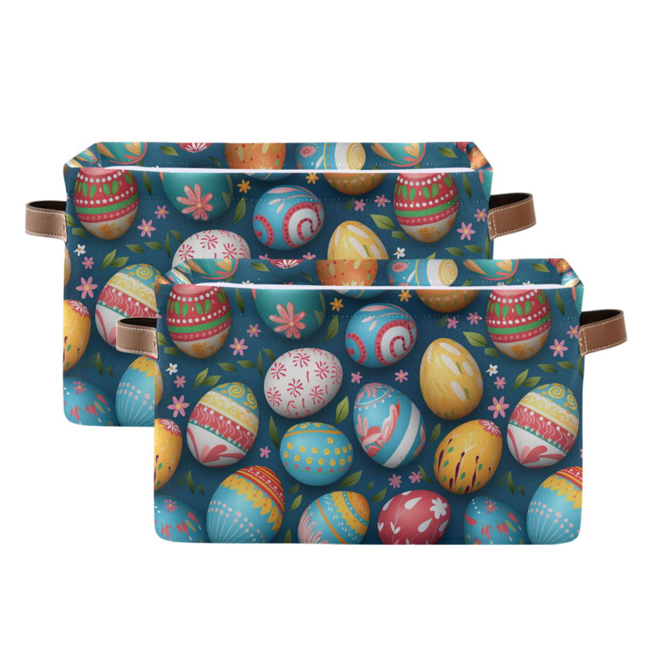 Colorful Easter Eggs Storage Bins with Handle Fabric Organizer Basket Foldable Box 2 Pack 14.2x10.2x8.3