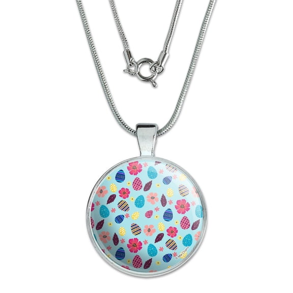 Colorful Easter Eggs and Flowers 1" Pendant with Sterling Silver Plated Chain