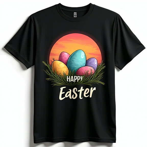 Colorful Easter Eggs in Nest Graphic Black T-Shirt Happy Easter Design