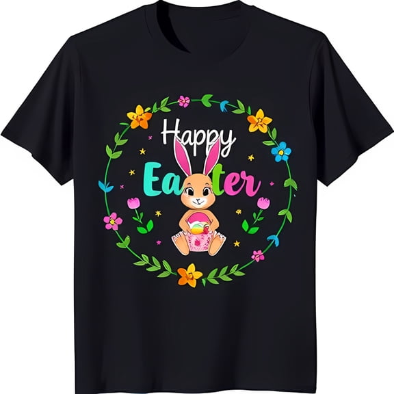 Colorful Easter Graphic Black T-Shirt with Rainbow 'Happy Easter' Design