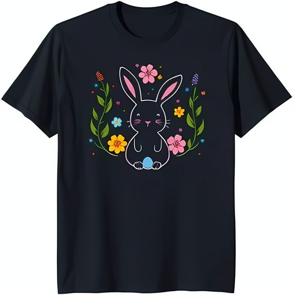 Colorful Easter Graphic on Black T-Shirt Spring Holiday Style