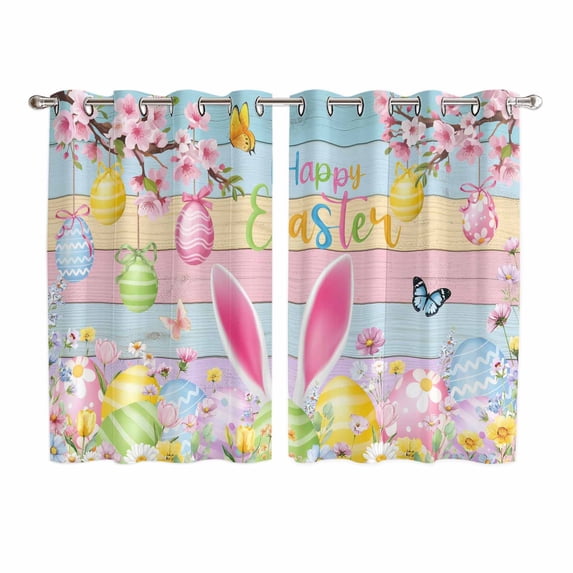 Colorful Easter Kitchen Curtains Window Panels, Spring Watercolor Bunny Egg Flower Wood Grain Insulated Window Treatment Curtain, Grommet Curtains for Bedroom/Living Room/Bathroom, 2 Piece 52"Wx63"L