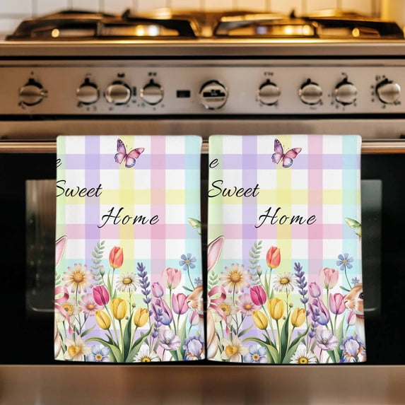 Colorful Easter Kitchen Towels Set of 4, Sprng Watercolor Bunny Tulip Flower Plaid Absorbent Dish Towels for Kitchen, Microfiber Hand Towel, Quick Drying Tea Towel for Cleaning Decorative Dishcloths