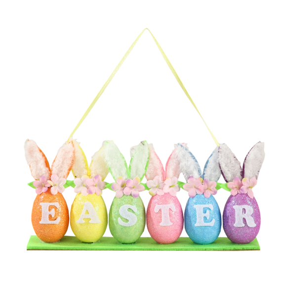 Colorful Easter Pendants, Glitter Easter Egg Hanging Ornaments with Bunny Ear Flower Letter, Hanging and Tabletop Decor with Lanyard for Door Wall Decor Indoor Outdoor Home Holiday Party Supplies