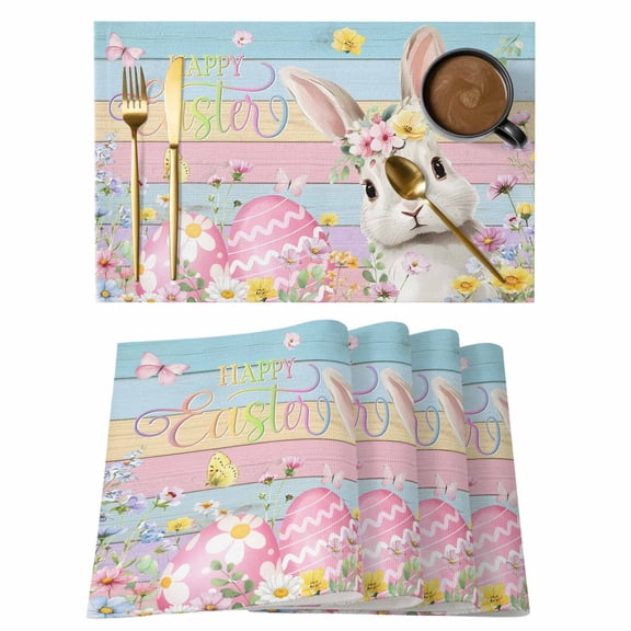 Colorful Easter Placemats Set of 12 Spring Easter Bunny Eggs Floral Wooden Place Mats Indoor Wipeable Table Mats Washable Cloth Dining Table Placemats for Kitchen Holiday Party Home Decor 13x19 Inch