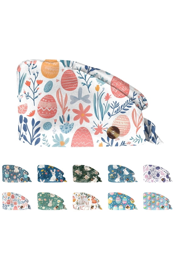 Colorful Easter Print Adjustable Scrub Cap for Women and Men Surgical Working Hat with Button and Tie Fastener 2026 Sky Blue