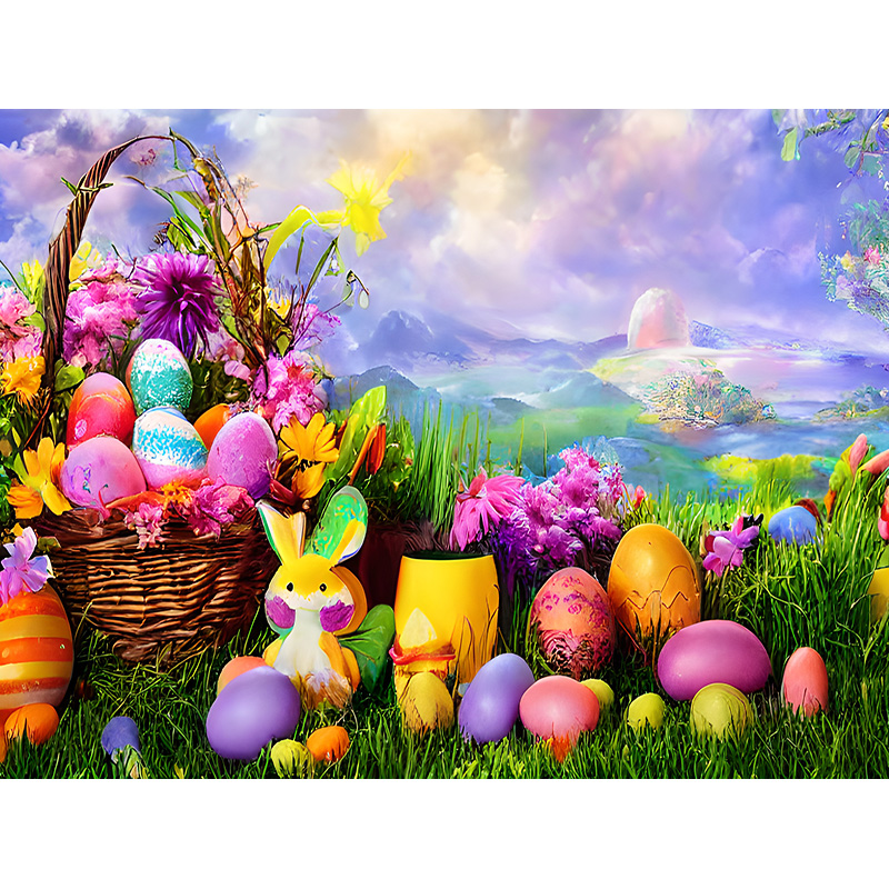 Colorful Easter Scene Background Spring Eggs And The Cute Rabbits On ...